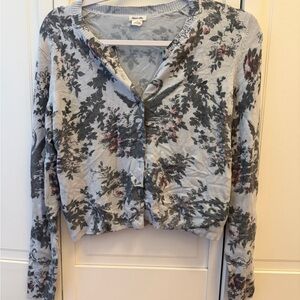 Kimchi Blue Light Blue Floral Cardigan with Dark Green and Pink Accents